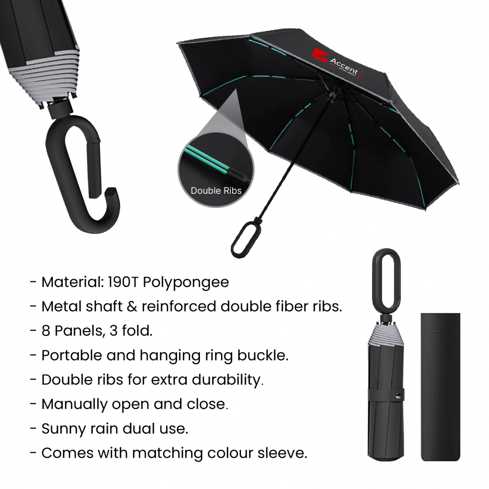 21" DUO Double Ribs 8 Panel Coated Foldable Umbrella 09